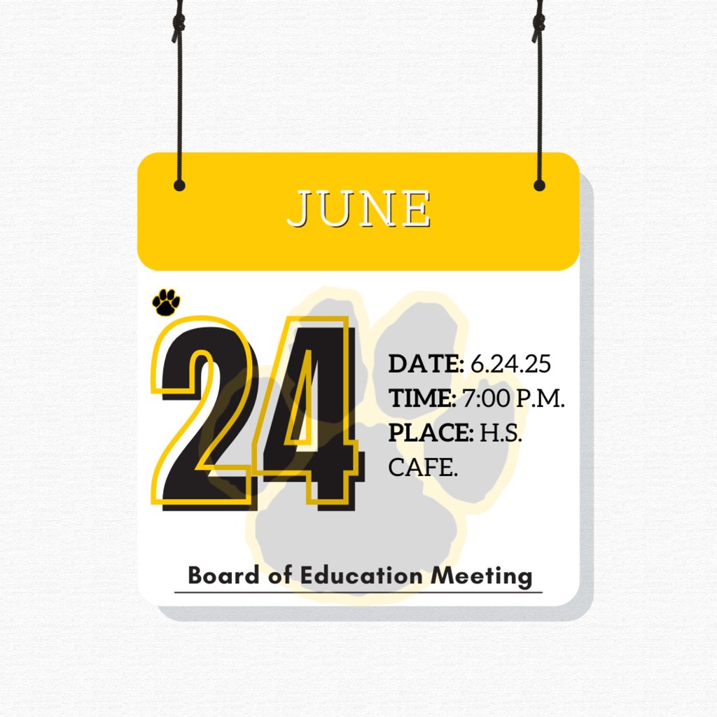 📣 Mark your calendars! 🗓️ The next Board of Education Meeting  will be held on: 📅 Date: June 24, 2025 🕖 Time: 7:00 PM 📍 Location: High School Café Your voice matters—come stay informed and engaged! #WeAreHFL 🐾
