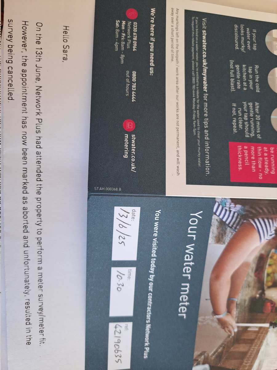 sazinthedon's tweet photo. @stwater  just wondering how this has happened. Your contractor visited, even left a card to confirm yet you write to say they haven't been! 

Not sure why he needed to attend at all given you had already assessed the house once and decided you can't fit a meter! https://t.co/plsOTzJB48