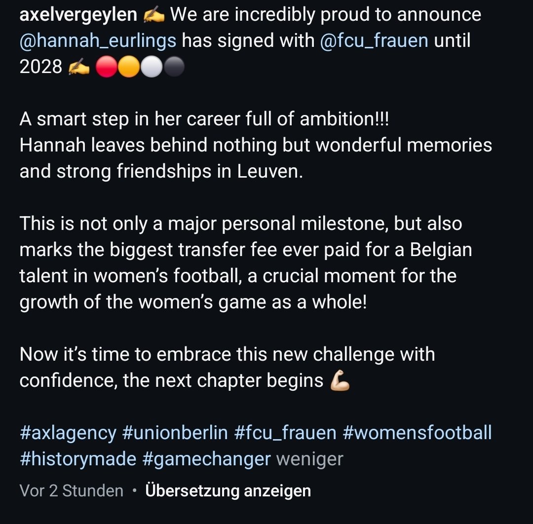 Dem Berater von Hannah Euerlings hat man wohl nichts davon erzählt,  dass man beim #fcunion eigentlich ungern Infos zu Verträgen nach außen gibt. 😅

Vertrag bis 2028 und höchste Ablöse für eine belgische Spielerin jemals.