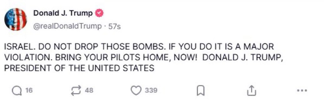 Donald Trump is now urging Israel to stop bombing Iran amid repeated ceasefire violations. 

But they won’t stop. They want this to escalate. 

Their end goal is to crush Iran completely and eliminate the last major obstacle to Israeli dominance in the Middle East.