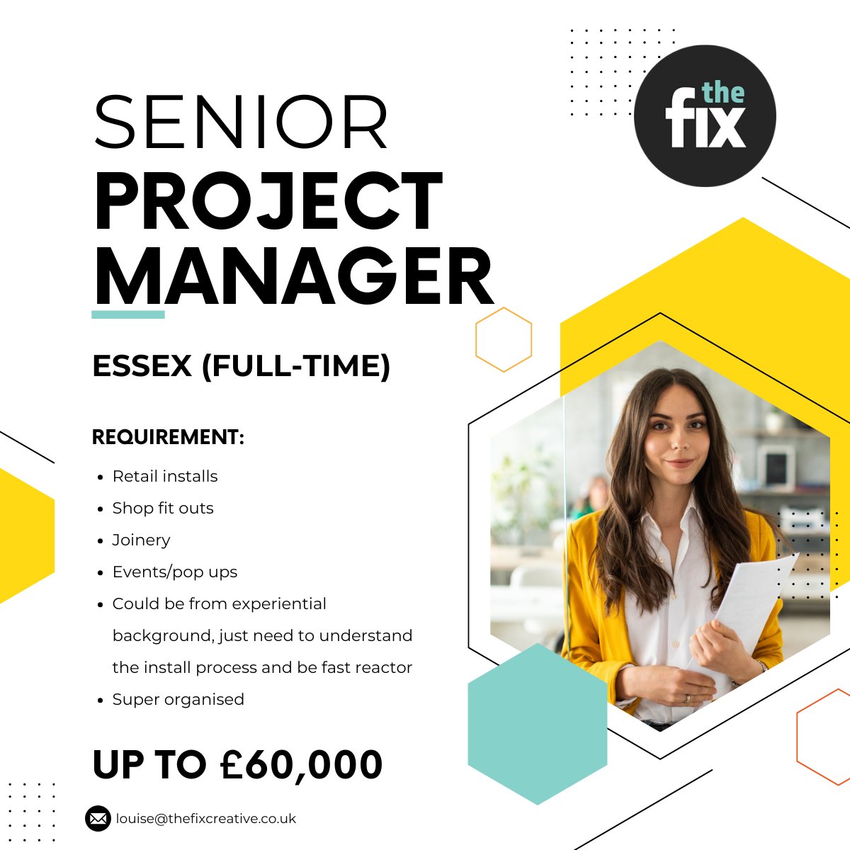 The Fix Creative (@thefixcreative) on Twitter photo New job in!
#Seniorprojectmanager
#Retail installs
Shop fit outs
#Joinery
#Events / pop ups
You will need to be based in #Essex 5 days a week onsite
Up to £60k
Email louise@thefixcreative.co.uk New job in!
#Seniorprojectmanager
#Retail installs
Shop fit outs
#Joinery
#Events / pop ups
You will need to be based in #Essex 5 days a week onsite
Up to £60k
Email louise@thefixcreative.co.uk