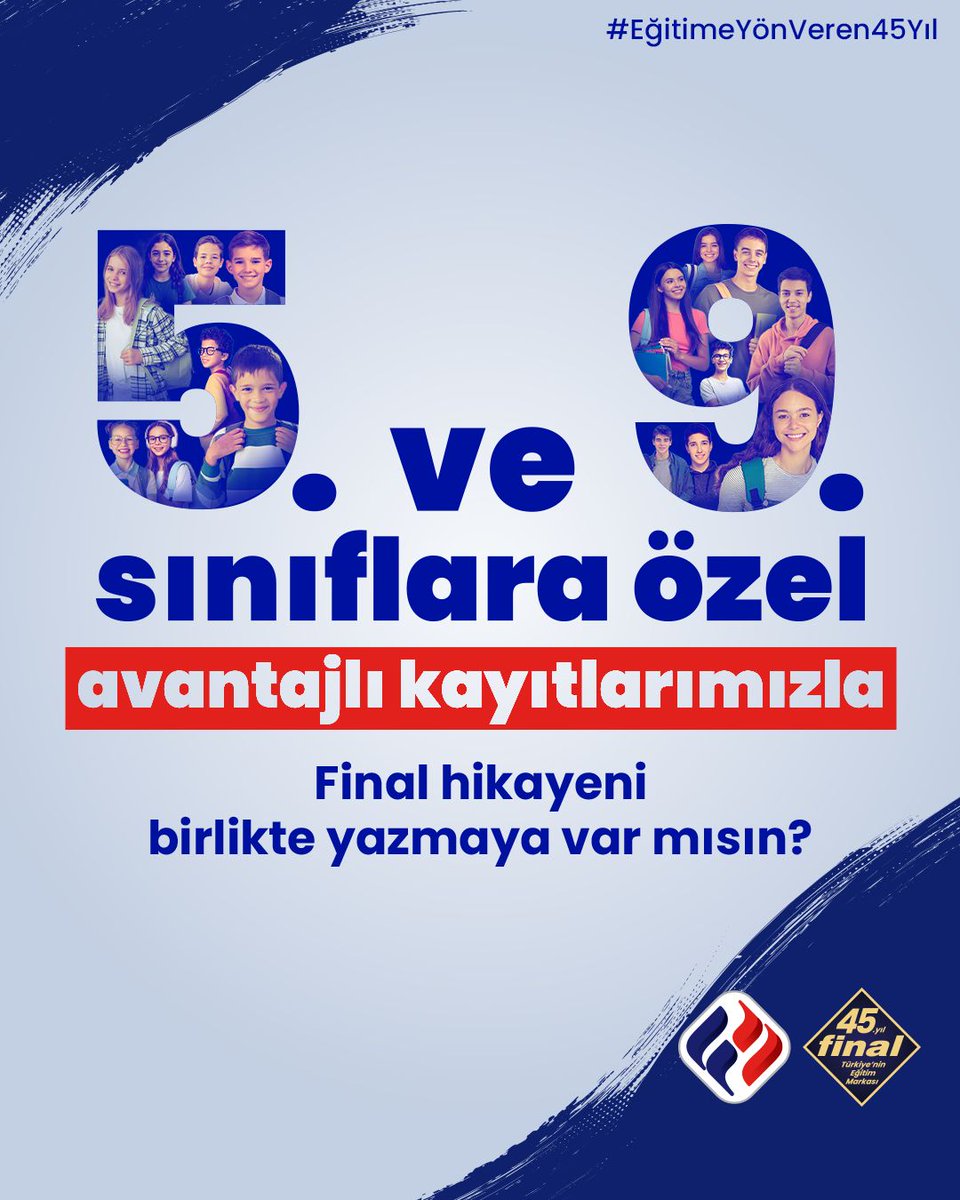 45 yıldır hem akademik hem kişisel başarıyı birlikte inşa ediyoruz! 💙
5.⁠ ⁠ve 9. sınıflara özel avantajlı kayıtlarımızla Final hikayeni birlikte yazmaya var mısın? 

#EğitimeYönVeren45Yıl #FinalEğitimKurumları #FinalOkulları