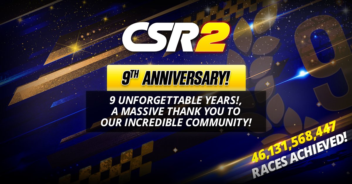 9 Years Down, Infinite Races To Go! 🚀 Happy Anniversary, CSR2 community! Thank you for your passion, your dedication, and for making CSR2 what it is today. ❤️

The best is yet to come! 

Play the CSR2 ANNIVERSARY event now! 
#CSR2 #CSR2Turns9 #AnniversaryCelebration #Gaming