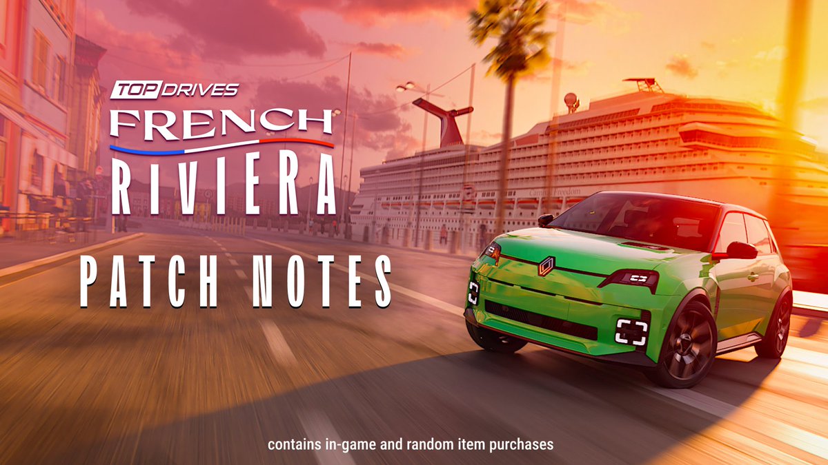 Bonjour from the French Riviera! 🇫🇷
Top Drives Update 27.0 is starting to rollout on Android!  

🏎️168 new cars
🚗Renault, Alpine &amp; Matra debut 
🔥 Retro icons, electric power  

Full details 👉bit.ly/3TrhA1f