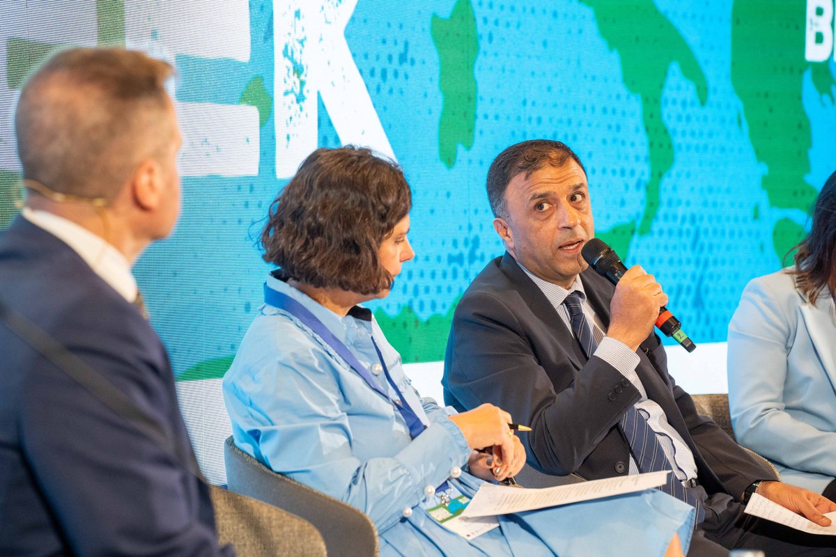 UfMSecretariat's tweet photo. The #MediterraneanGreenWeek is a flagship event to mobilise the public sector and civil society for accelerated green action — as highlighted by @MoENVJo acting SG Jihad Alsawair and EEAS’s @TiborStelbaczky.