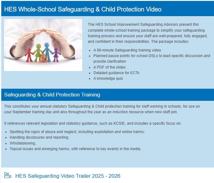 Engaging, effective safeguarding training for your whole school — now available to schools beyond Havering.

Includes:
📺 90 min video  
⏸️ Pause points for DSL led discussions
📄 PDF slides
👩‍🏫 ECT guidance 
🧠 Knowledge quiz
 hes.org.uk/Page/41412 
 #schoolsafety #schoolstaff