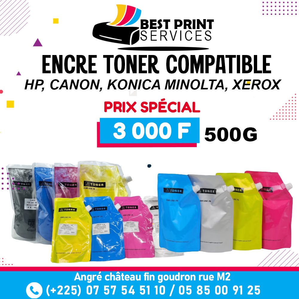 lemedia100filtr's tweet image. 🖨️ Imprime plus, dépense moins !
🔥 Toner compatible HP, Canon, Konica, Xerox
📦 500G à 3 000 F seulement !

✅ Qualité PRO, couleurs nettes
📍 Disponible à Angré Château (fin goudron, rue M2)
📞 07 57 54 51 10 / 05 85 00 91 25

➡️ Passe ta commande maintenant

#TonerPrinter