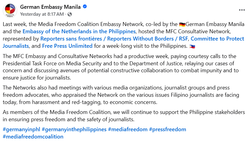 MediaFreedomC's tweet image. Last week, representatives of organisations in the MFC Consultative Network representatives visited the #Philippines, to collaborate with the local MFC Embassy network.
Together, they addressed media freedom challenges facing Filipino journalists. 👇
facebook.com/germanyinphl/p…