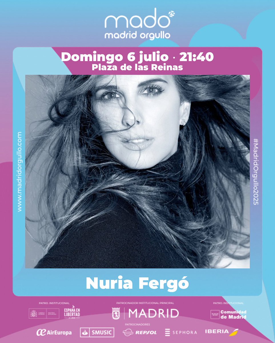 MADO Madrid Orgullo (@madorgullo) on Twitter photo El domingo 6 de julio el escenario de la Plaza de las Reinas recibirá a <a href="/NURIA_FERGO/">Nuria Fergó</a> !!
🏳️🌈 Programación completa desde el miércoles 26 de mayo en madridorgullo.com
#MadridOrgullo2025 #Orgullo2025 El domingo 6 de julio el escenario de la Plaza de las Reinas recibirá a <a href="/NURIA_FERGO/">Nuria Fergó</a> !!
🏳️🌈 Programación completa desde el miércoles 26 de mayo en madridorgullo.com
#MadridOrgullo2025 #Orgullo2025