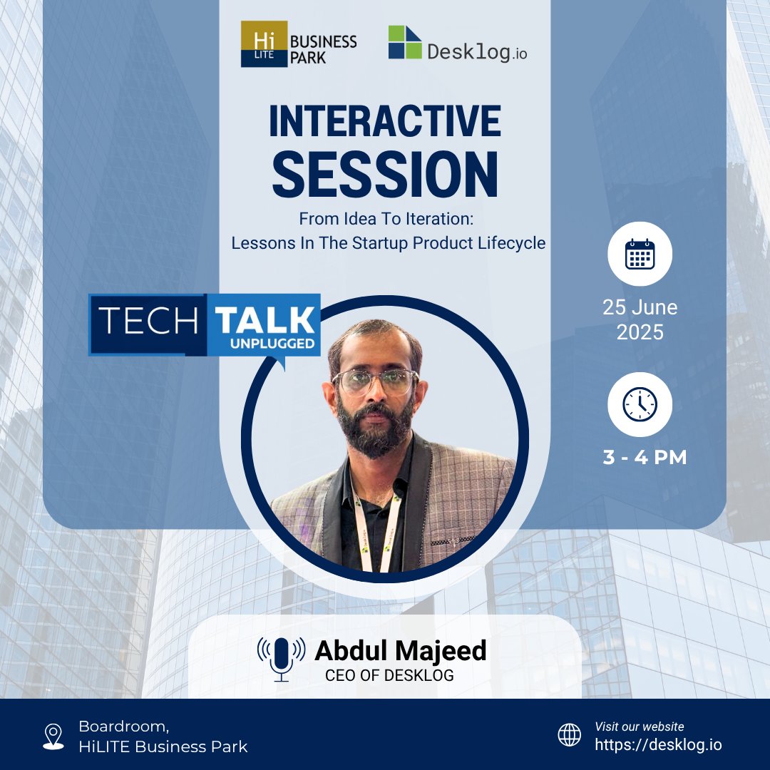 desklog's tweet image. Are you a startup founder or aspiring entrepreneur?
Join Tech Talk Unplugged by The Park with Abdul Majeed, CEO of Desklog!
🎯 Topic: From Idea to Iteration: Lessons in the Startup Product Lifecycle
#desklog #freetimetrackingsoftware #employeeproductivity
