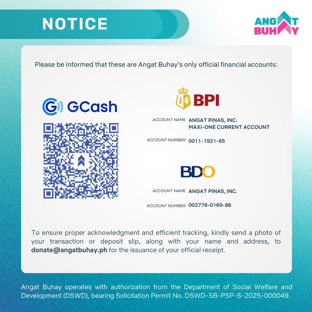 angatbuhay_ph's tweet image. NOTICE:
Please be informed that these are our only official financial accounts. Any transactions coming from accounts other than those specified are not affiliated, associated, or endorsed by/with Angat Pinas, Inc. (Angat Buhay).