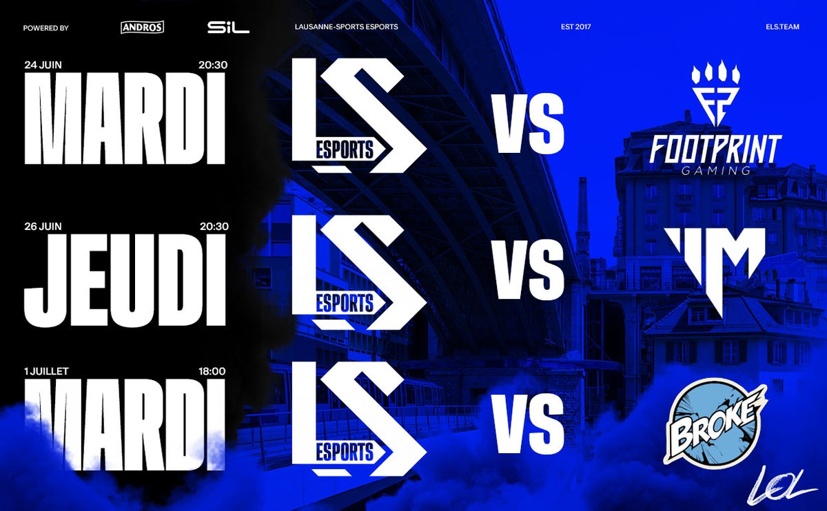 Notre équipe LoL fait son entrée en DIV2 !

 Au programme de la semaine :
<a href="/Footprint_GG/">Footprint Gaming e.V.</a> - 24juin 
@Mentalitylol - 26juin 
<a href="/Broke_LoLEsport/">Broke</a> - 1er juilllet

On vous donne donc rdv ce soir !   #TKPRM #Allezlausanne ⚪️🔵