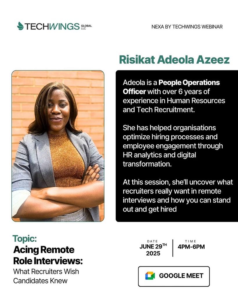 OfficialTWGLLC's tweet image. We’re bringing the experts to you.
Risikat Adeola Azeez will be sharing “What recruiters wish candidates knew”

June 29 | 4–6 PM WAT | 📍Google Meet

Don’t miss it.

🔗 Register via the link in bio
#HiringInTech #CareerTalk