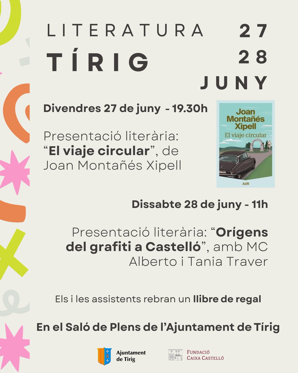 AjTirig's tweet photo. 🤩📖 Cap de setmana literari a Tírig!

❗️ Dos activitats culturals que reivindiquen l'humor, la memòria i l'art urbà

🔎 Més informació al cartell adjunt i en la pàgina web municipal: https://t.co/nhGUAmjBvb https://t.co/wxFreQhbBE