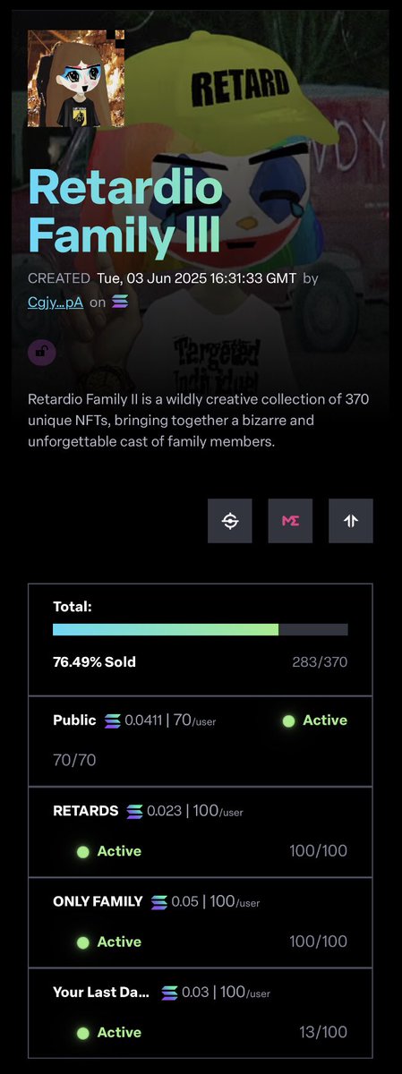 littleretardw's tweet photo. 🎉 FINAL PUSH GIVEAWAY 🎉
🔥 We’re about to SELL OUT Retardio Family III! 🔥
Mint ANY amount &amp; WIN 💸
💰 3 Winners:
🥇 $30 + 3 NFTs
🥈 2 NFTs
🥉 1 NFT

To enter:
✅ Mint
✅ Like + Repost
✅ Drop your SOL address 👇
⏰ Ends at SOLD OUT. MOVE!
👉 https://t.co/32zYpnuCr5 https://t.co/QIXqJ1SC0c