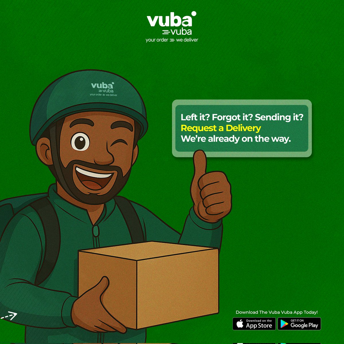Left it? Forgot it? Sending it?
We get it there—Vuba Vuba.
Swipe to see how Request a Delivery saves the day.

#RequestADelivery #LifeHappensVubaDelivers #DeliveryDoneRight