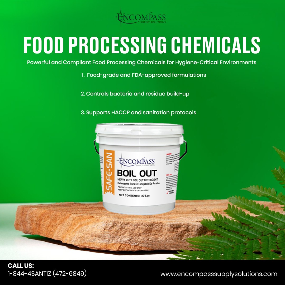 Encompass_Sol_'s tweet photo. Ensure safety and compliance with our food processing chemicals—perfect for sanitizing food-contact surfaces, prep areas, and equipment. 

Keep your operations clean and compliant—order now at https://t.co/e76wzRKMAF

#FoodPlantSanitation #HygieneStandards #FoodSafeCleaning https://t.co/pQq127AQHZ