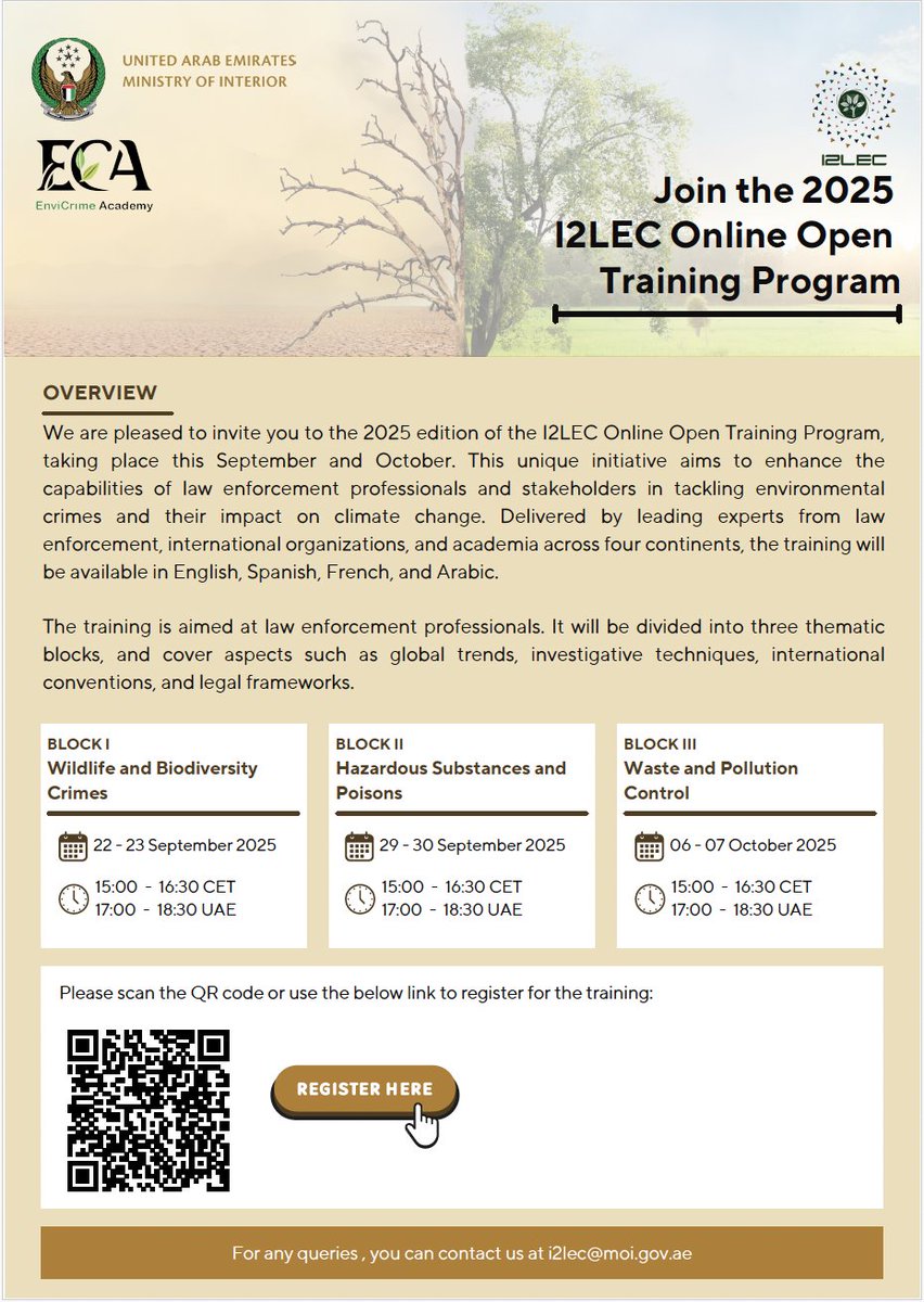 📢 <a href="/envicrimeacadem/">EnviCrimeAcademy</a> is pleased to invite you to the 2025 #I2LEC Open Online Training Programme on Environmental Crime and Climate Security.
🗓 22 Sept – 7 Oct 2025
🌐 Global &amp; multilingual | 🧑‍🎓 Certificate awarded
🔗 Register now: lnkd.in/dxG3NXPv
#EnvironmentalCrime