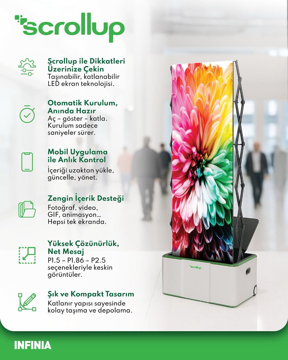 🎯 Dikkatleri Üzerinize Çekin, Mesajınızı Net ve Etkili İletin!
Scrollup ile tanışın: Taşınabilir, katlanabilir LED ekran teknolojisi artık elinizin altında!
⚡ Otomatik kurulum ile saniyeler içinde hazır
📱 Mobil uygulama ile anlık kontrol
📸 Fotoğraf, video, GIF, animasyon…