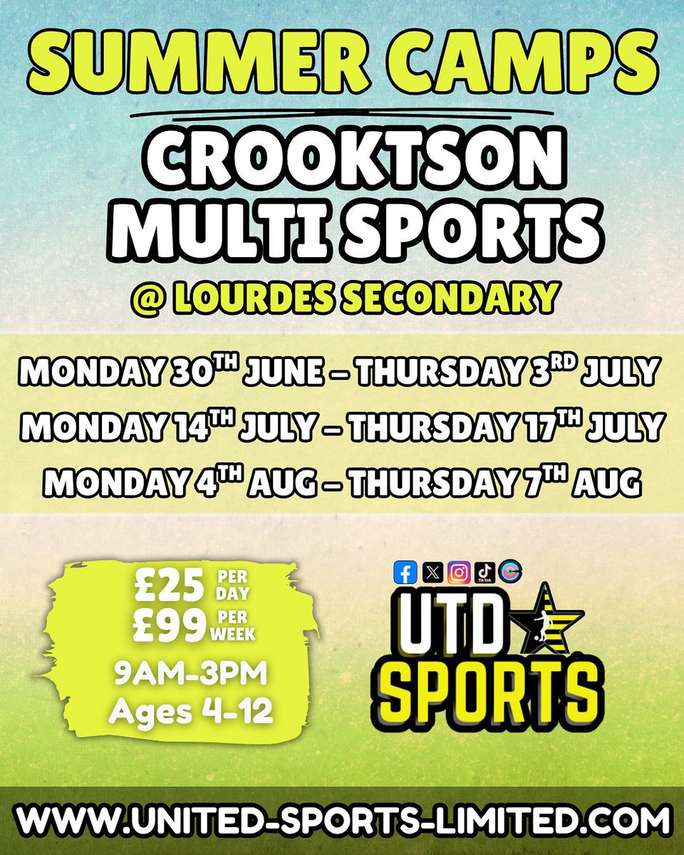 🚨 CHANGE OF VENUE 🚨

Due to circumstances out of our control, our Crookston Camp will be moving to LOURDES SECONDARY for Summer 2025! 

All current bookings will be contacted and transferred so you don’t need to do anything. 

Spaces available to book at united-sports-limited.com