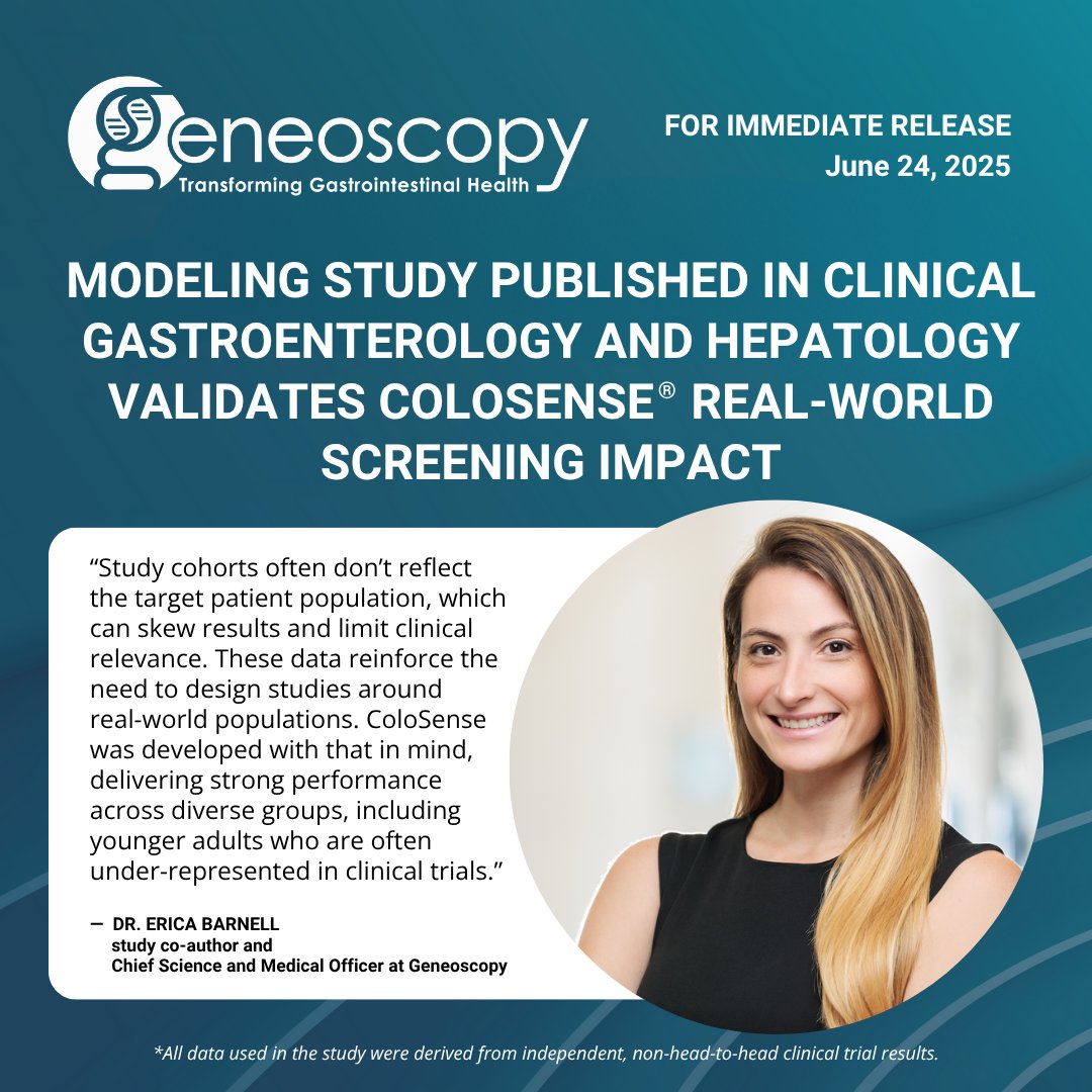 Geneoscopy (@geneoscopyco) on Twitter photo A new study in the <a href="/AmerGastroAssn/">American Gastroenterological Association (AGA)</a>'s Clinical Gastroenterology & Hepatology confirms the effectiveness of Geneoscopy’s FDA-approved ColoSense® for noninvasive colorectal screening. Dr. Erica Barnell emphasizes the need for real-world data to enhance clinical relevance.
Read A new study in the <a href="/AmerGastroAssn/">American Gastroenterological Association (AGA)</a>'s Clinical Gastroenterology & Hepatology confirms the effectiveness of Geneoscopy’s FDA-approved ColoSense® for noninvasive colorectal screening. Dr. Erica Barnell emphasizes the need for real-world data to enhance clinical relevance.
Read