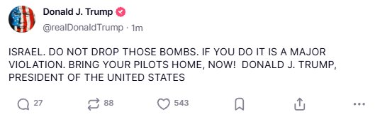 Marchfoward's tweet photo. TERKINI 

PRESIDEN US, DONALD TRUMP ARAHKAN ISRAEL UNDURKAN TENTERA UDARANYA DARI IRAN SERTA MERTA 

INI SELEPAS ISRAEL NAK SERANG BALIK IRAN SEBAB SERANGAN 2 MISIL KE ARAH ISRAEL PADA JAM 3.45 PETANG TADI WAKTU MALAYSIA https://t.co/Q8VIOMcWaB