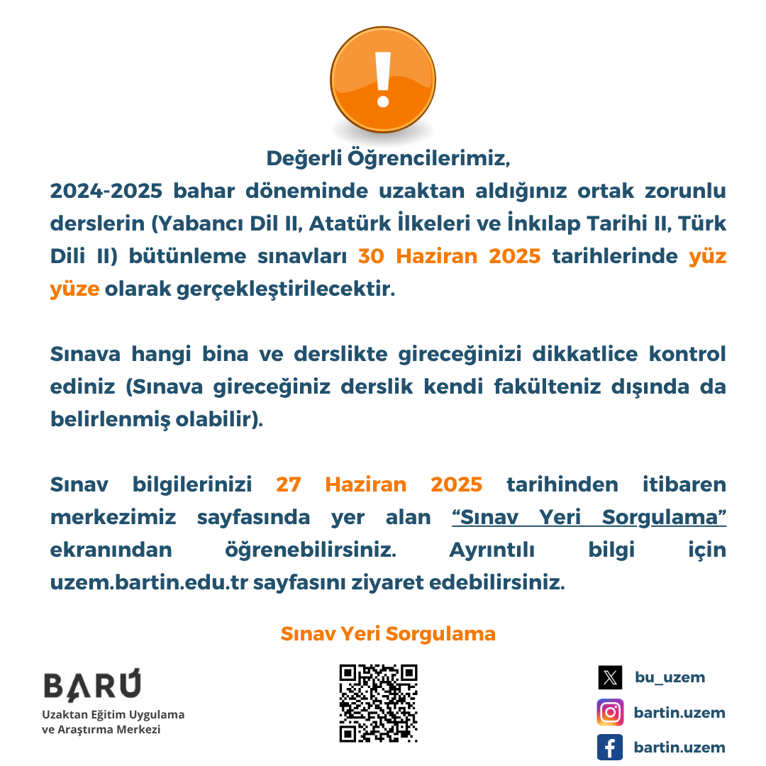 bu_uzem's tweet photo. Ortak zorunlu derslerin bütünleme sınavlarında tüm öğrencilerimize başarılar dileriz.  İlgili duyuru:   https://t.co/W3F6CBKD5o #bartınuzem #uzem #bartınüniversitesi #uzaktaneğitim https://t.co/yvJ12FAmJk