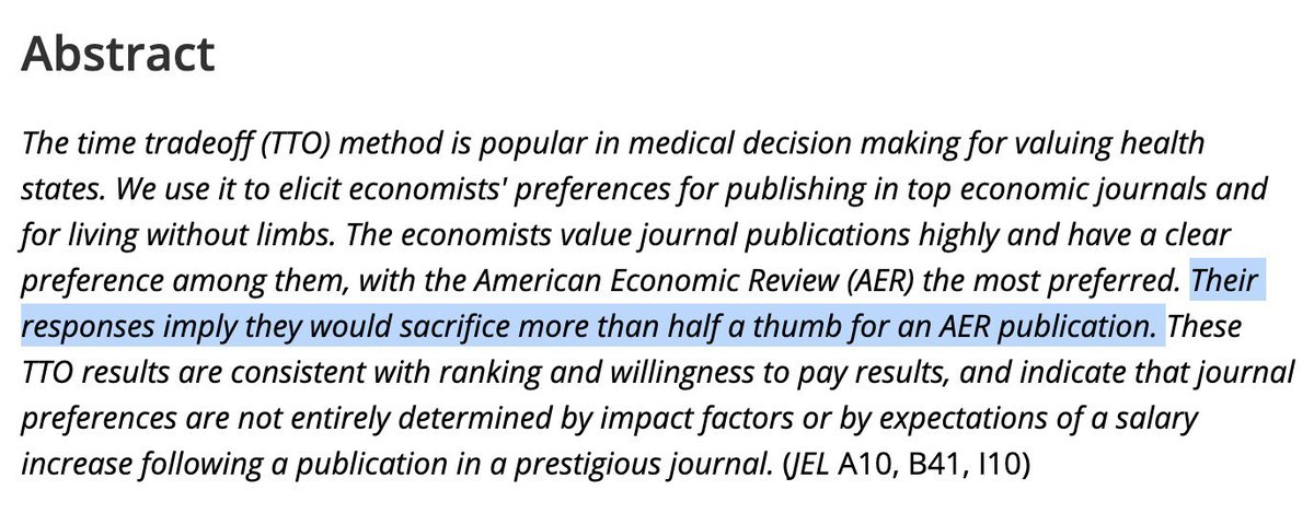 yohaniddawela's tweet photo. Economists say they make rational choices.

But would you trade a thumb for a publication in AER?

Some economists yes.

Here’s the breakdown: https://t.co/5wD8AfpYs5