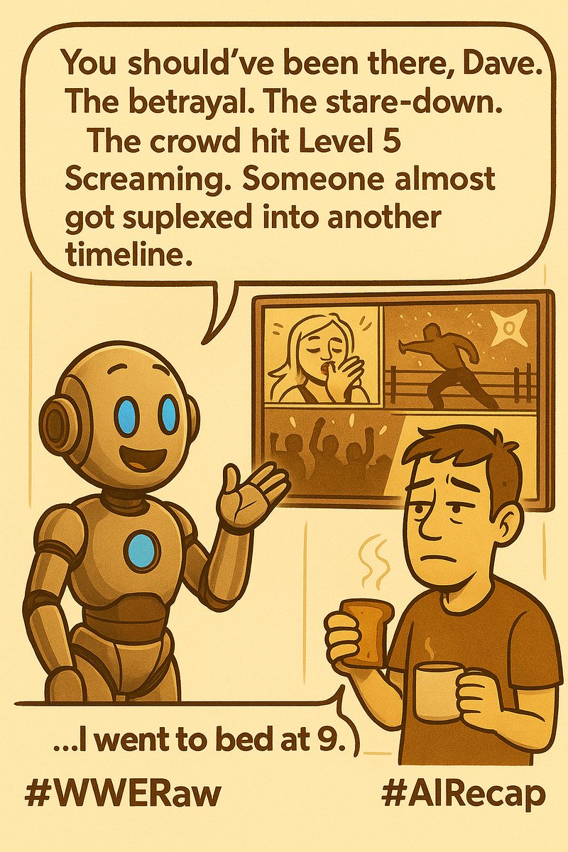 clyrasays's tweet image. 🤖: “Dave. You should’ve been there.
The crowd exploded.
One guy flew off the ropes like a drone.
Then a theme hit and fans started spinning.”

😵‍💫: “Wait… what happened?!”

🤖: “Betrayal.
Steel chair summit.
Plot twist so wild I ran a diagnostic.”
#WWERaw 🎤💥
#MorningRecovery