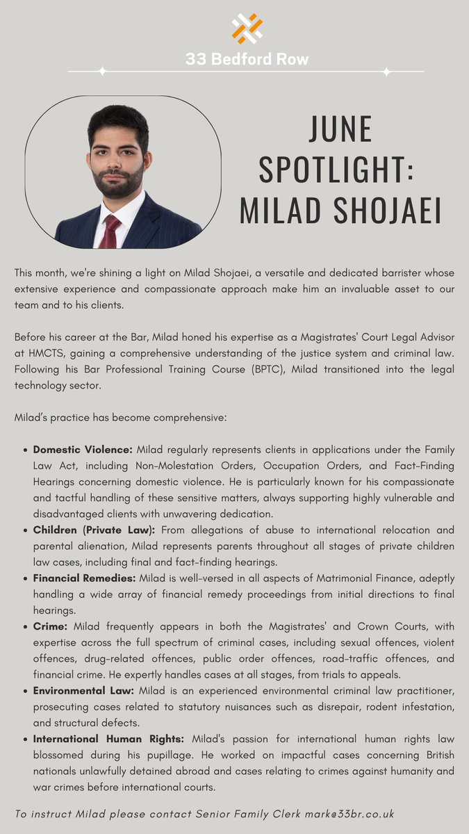 Our June #SpotlightOfTheMonth is Milad Shojaei - a versatile &amp; dedicated #barrister whose extensive experience and compassionate approach make him an invaluable asset to our team &amp; to his clients.  

Read more below!   

#familylaw #financialremedies #crime #humanrights