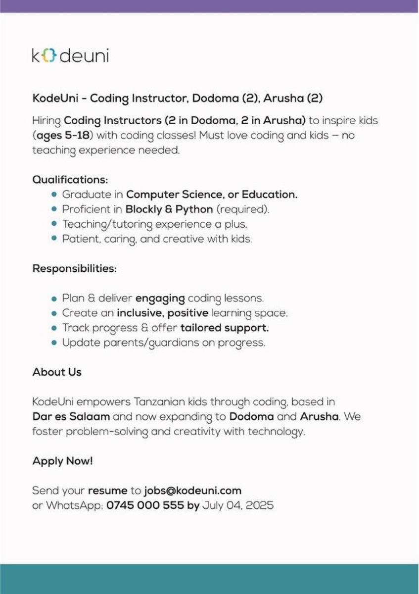 Sean 🎖️ (@iboysean) on Twitter photo Join KodeUni as a Coding Instructor in Dodoma (2) or Arusha (2)! Teach kids 5-18 Blockly & Python. No teaching exp needed! Email jobs@kodeuni.com or WhatsApp 0745000555. #KodeUniJobs #KodeUni Join KodeUni as a Coding Instructor in Dodoma (2) or Arusha (2)! Teach kids 5-18 Blockly & Python. No teaching exp needed! Email jobs@kodeuni.com or WhatsApp 0745000555. #KodeUniJobs #KodeUni