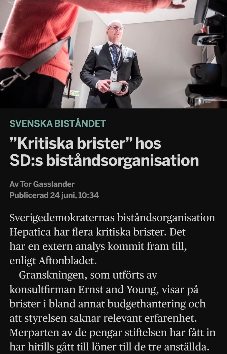 SD:s biståndsorganisation Hepatica har stora brister, enligt extern granskning. Saknas: rutiner för...allt? + ingen erfarenhet om anti-korruption, ej möjlighet för visselblåsare larma om missförhållanden, ej transparens om styrelsemedlemmars sidouppdrag.

Dousas och Janses bebis.