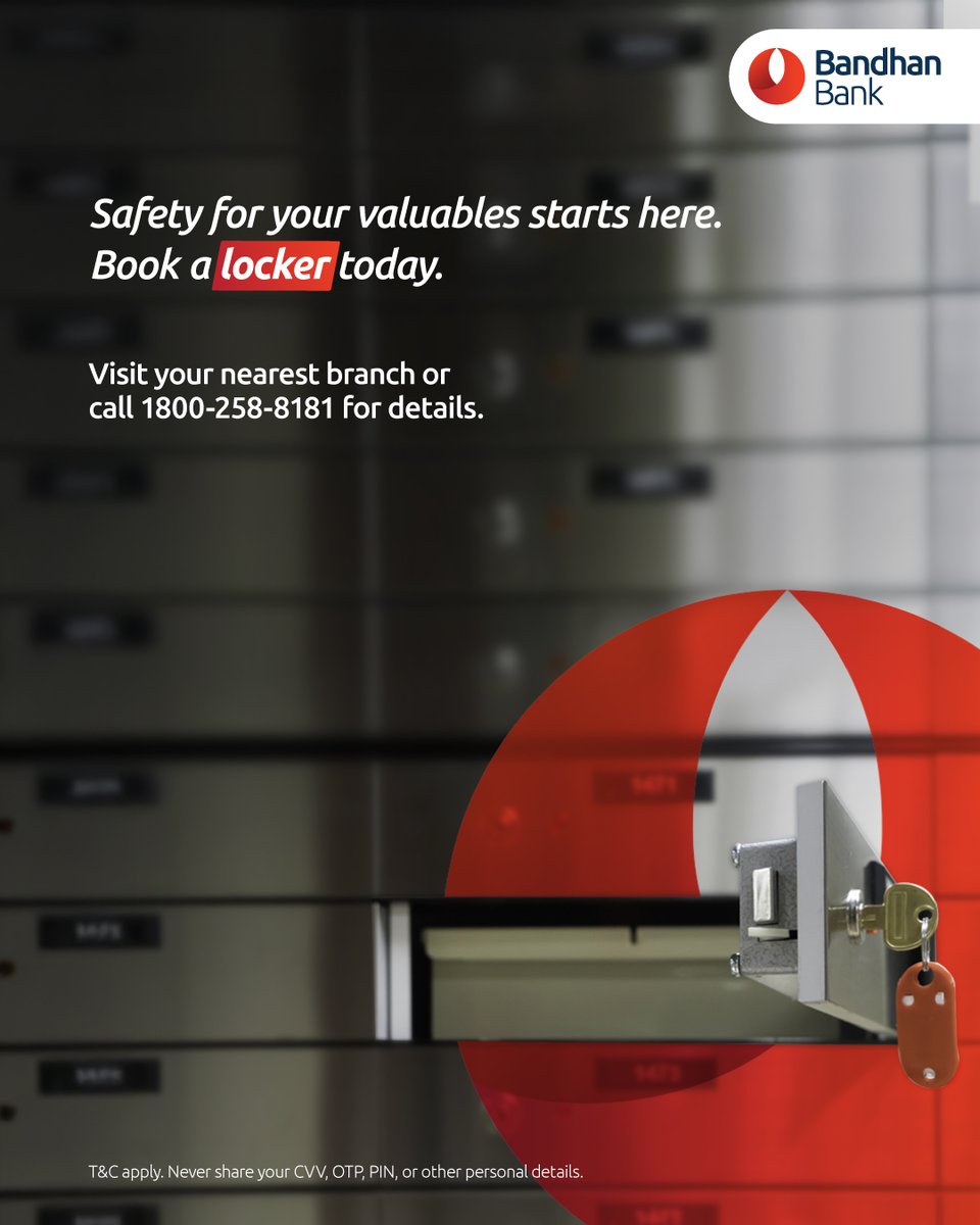 bandhanbank_in's tweet photo. Looking for a safe place for your valuables? Book a locker at your nearest #BandhanBank branch today.

Details: https://t.co/zVyWEsdlYr
Locate a branch: https://t.co/2U1Iv1tXKI

T&amp;C apply. #BankLockers #LockerFacility #Lockers https://t.co/Xx9x88ksZr