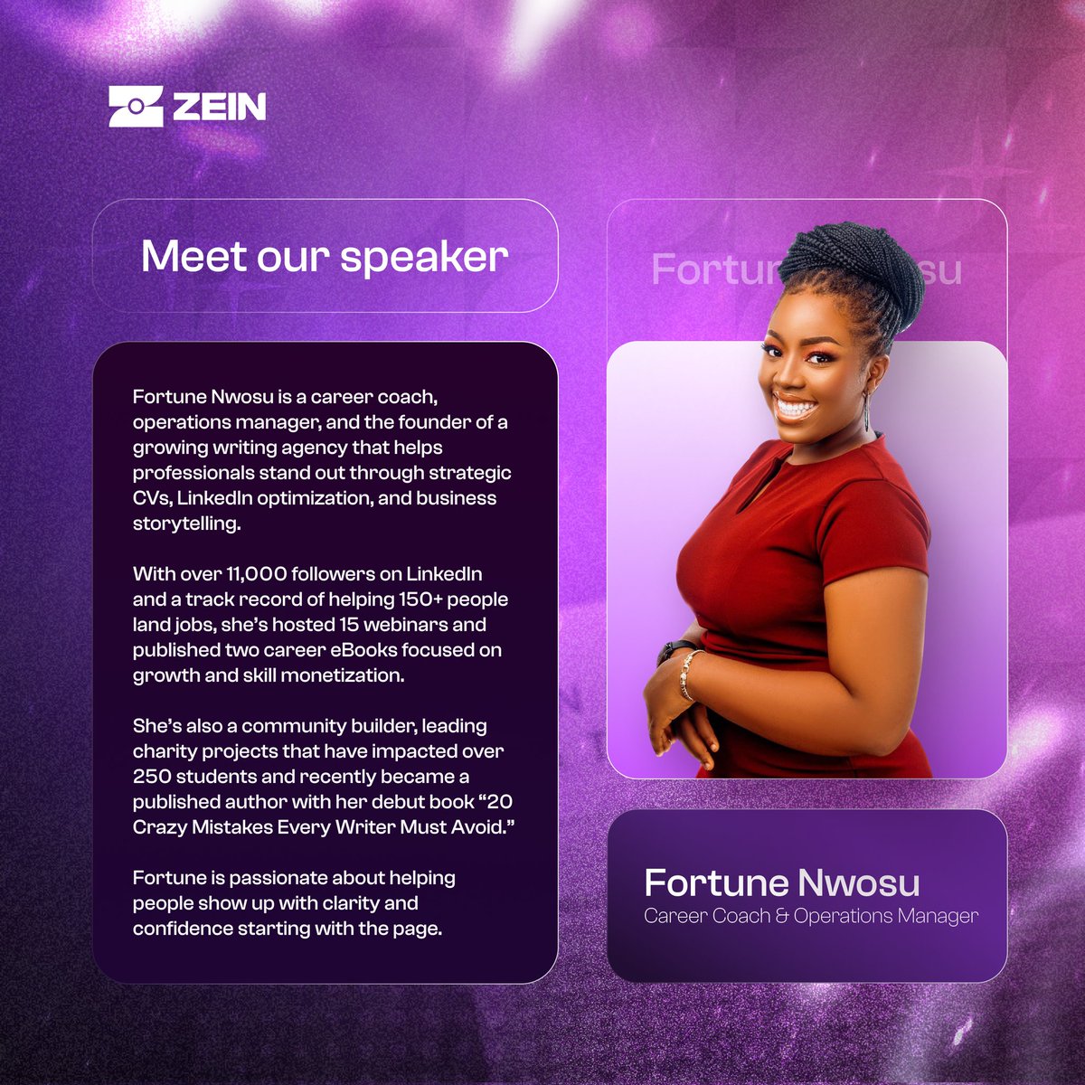 Zeincommunity's tweet photo. Meet Fortune Nwosu—CV expert with 150+ success stories, 11K+ followers, 2 eBooks, helping people land jobs and grow!
We’re honoured to have her speak at our upcoming session on June 27th!

Click the link to join the community: https://t.co/YjfOkg9zoD https://t.co/IA81h9bE2Y