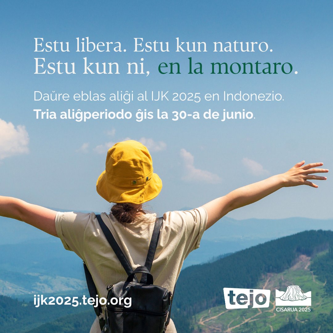 tejoesperanto's tweet photo. Estu libera. Estu kun naturo. Estu kun ni, en la montaro.

Aliĝu al IJK 2025 en Cisarua (Bogor), Indonezio, de la 9-a ĝis la 16-a de aŭgusto, kie preskaŭ 150 homoj el 34 landoj atendas vin. Hastu, ĉar la nuna aliĝperiodo daŭras ĝis 30/06.

Jen kie komenci: https://t.co/YEI4rV0i0O https://t.co/4aIGBNsaf6