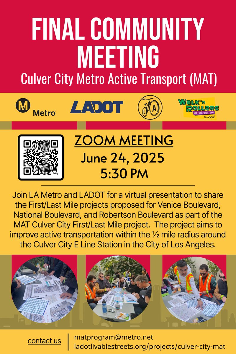 TODAY 🚶‍♀️🚲 FINAL VIRTUAL COMMUNITY MEETING! 📢 Join us TODAY at 5:30 PM for a virtual meeting to learn about proposed First/Last Mile improvements around the Culver City E Line Station.
Your voice matters – help shape safer streets for everyone!
🔗 : tinyurl.com/mrsz9592