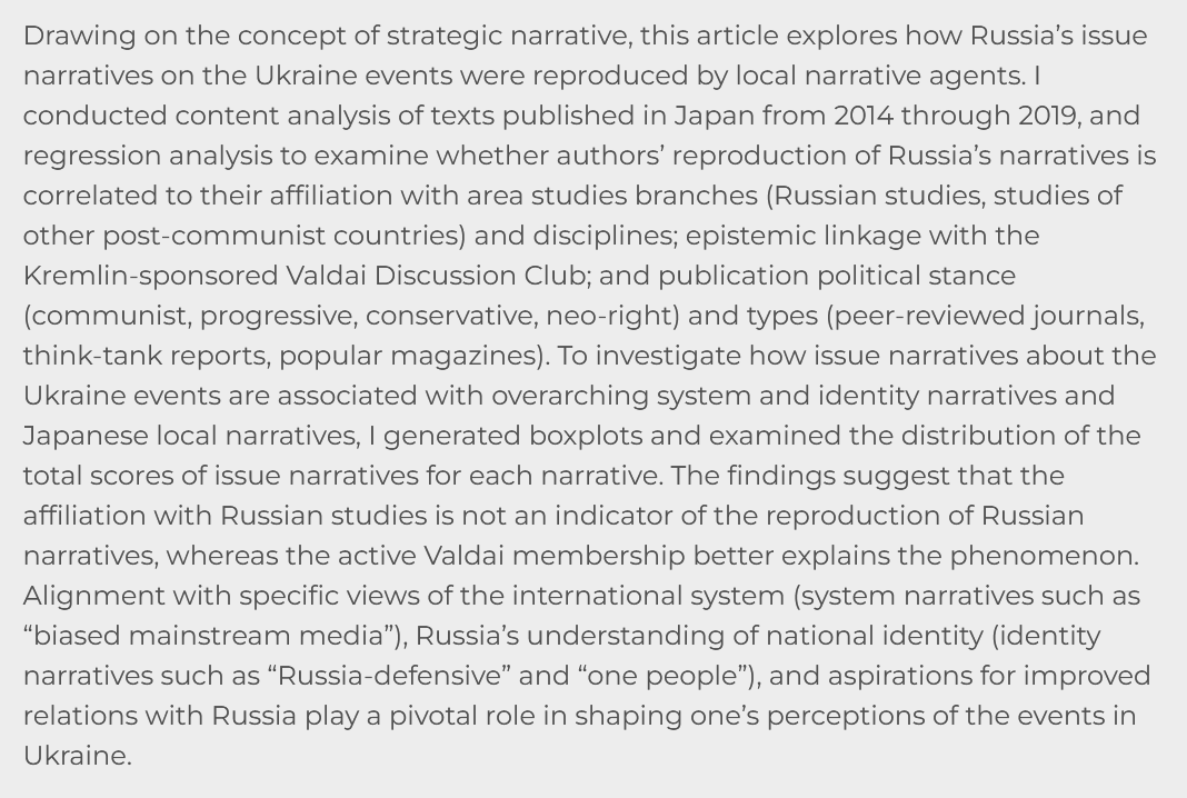 Just Published in the June issue:

Explaining Support for Russian Narratives about the Events in Ukraine among Japanese Scholars and Intellectuals in 2014–19 
by Sanshiro Hosaka

Free to access for one week.

doi.org/10.1525/cpcs.2…