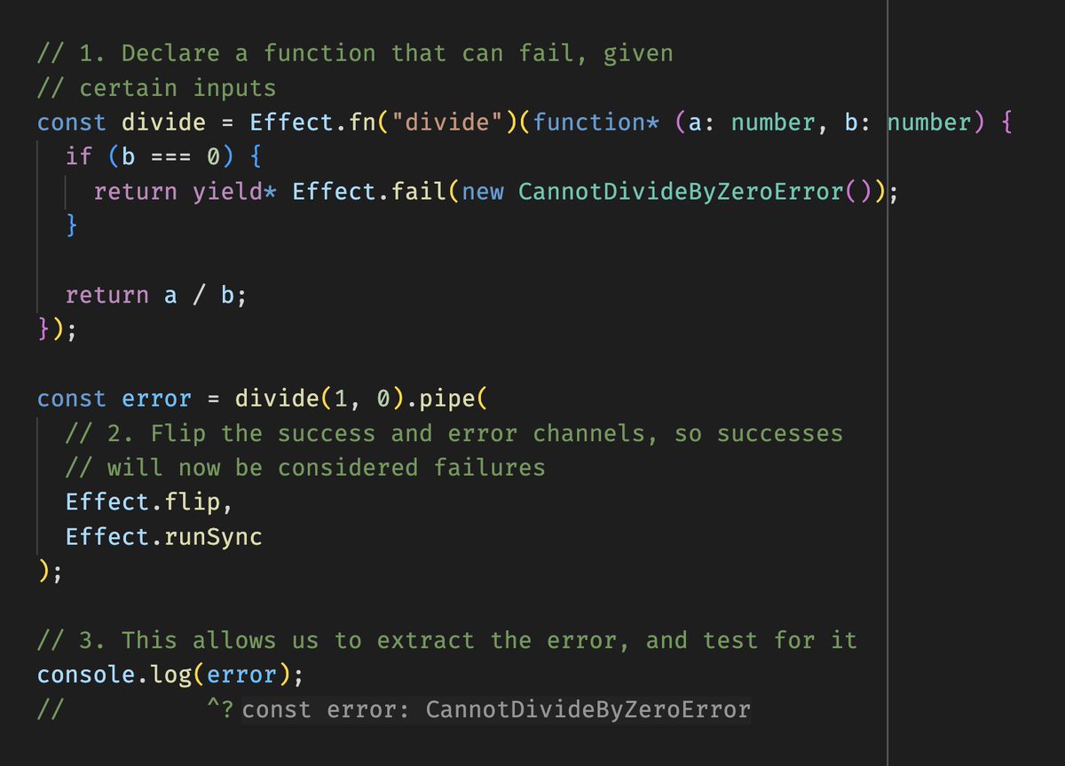 I've never seen better support for making code testable than in Effect

Effect.flip lets you ensure that a function fails, and gives you the failure. Beautiful