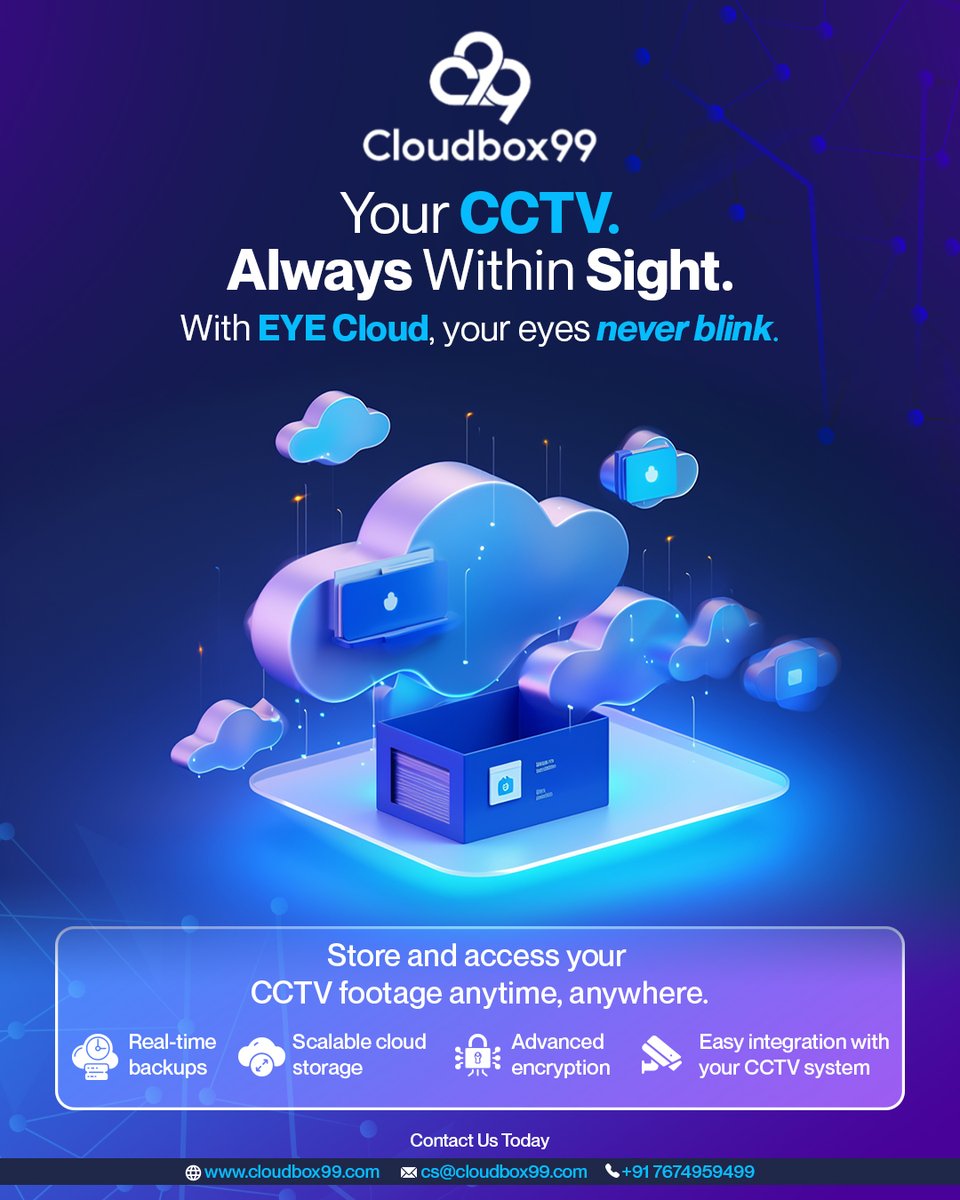 Cloudbox99_'s tweet image. Never lose sight.
With EYE Cloud by CloudBox99, access your CCTV footage anytime via secure, real-time cloud backups.
✅ Scalable storage
✅ Advanced encryption
✅ Easy CCTV integration
🌐 cloudbox99.com | 📞 +91 74167 20444
#eyecloud #cloudcctv