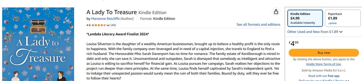 What can you buy for £1.89??

A paperback copy of lambda literary finalist A Lady to Treasure, described as "irresistibly romantic"  "deeply felt and satisfying" and "quite fabulous".  

Yes, you read it right. A paperback for less than a cup of coffee. #regencyromance
