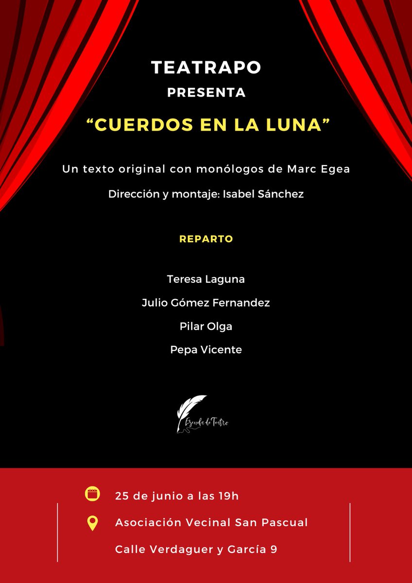 AVSanPascual's tweet image. Planazo para mañana por la tarde en el local de la asociación. 

El grupo Teatrapo, que ensaya en nuestra sede, presenta la obra &quot;Cuerdos en la luna&quot;.

Será a las 19:00 en la Sala 2. 

Estamos en la calle Verdaguer y García 9, posterior. &amp;lt;M&amp;gt; Barrio de La Concepción.