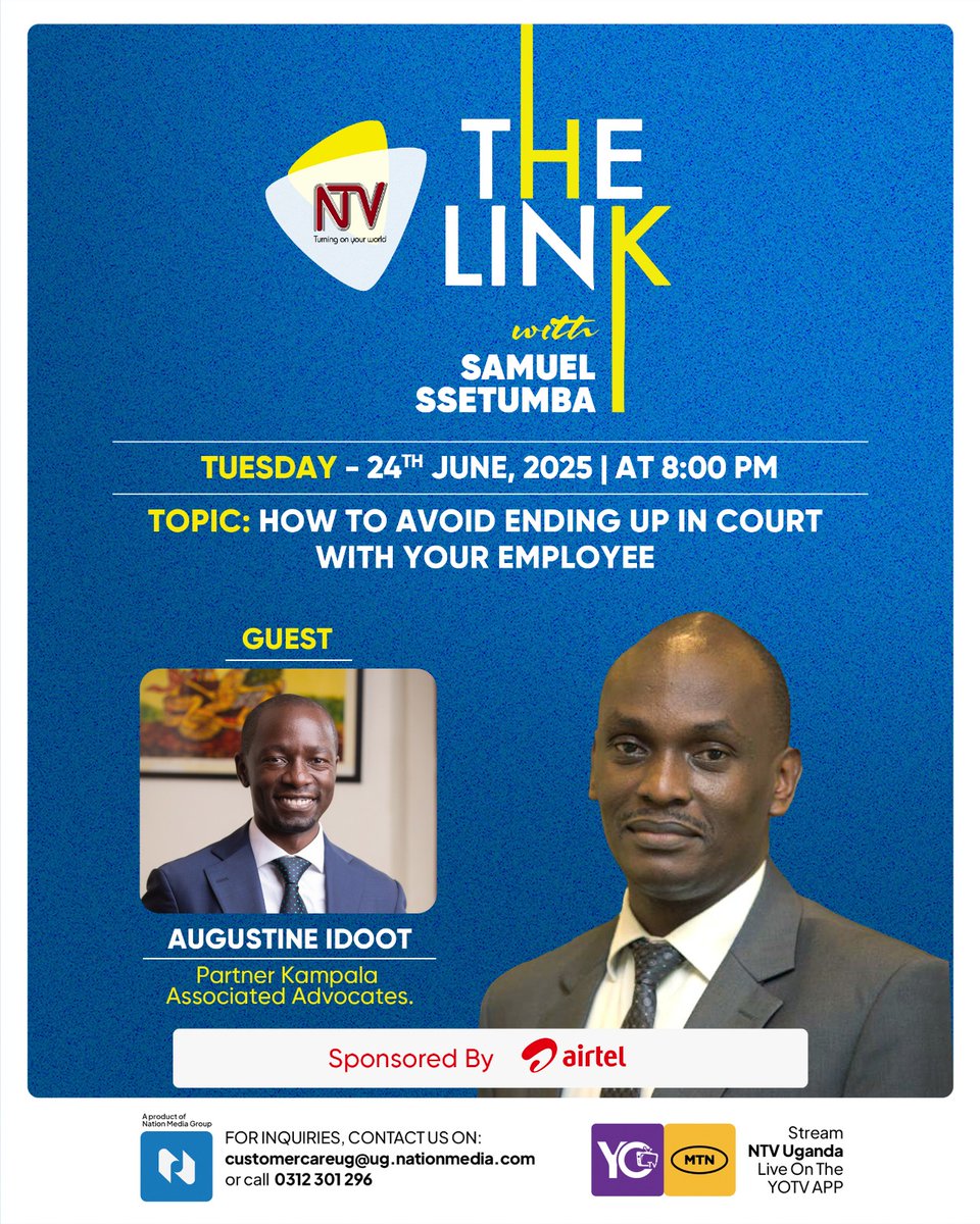 Daily Monitor (@dailymonitor) on Twitter photo How to stay out of court: Managing employee disputes the right way
Do not miss this conversation tonight at 8PM on <a href="/ntvuganda/">NTV UGANDA</a>
#MonitorUpdates How to stay out of court: Managing employee disputes the right way
Do not miss this conversation tonight at 8PM on <a href="/ntvuganda/">NTV UGANDA</a>
#MonitorUpdates
