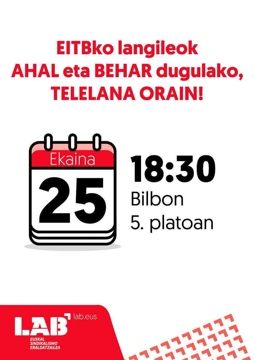 LAB EITB Media (@labeitb) on Twitter photo 💢 <a href="/eitbtaldea/">EITB Komunikazioa</a>-ko langileok AHAL eta BEHAR dugulako...
📢 TELELANA ORAIN!
🗓 Ekainak 25
⏰ 18:30
📍5. platoan (kanpoaldean) - Bilbo
#inposiziorikez #landuina #bizitzaduina 💢 <a href="/eitbtaldea/">EITB Komunikazioa</a>-ko langileok AHAL eta BEHAR dugulako...
📢 TELELANA ORAIN!
🗓 Ekainak 25
⏰ 18:30
📍5. platoan (kanpoaldean) - Bilbo
#inposiziorikez #landuina #bizitzaduina