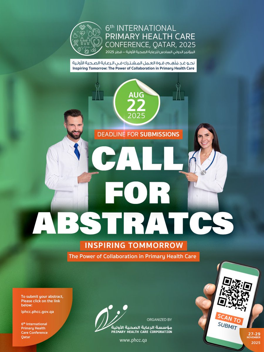 Call for abstracts is now open for the 6th International Primary Health Care Conference – Qatar 2025
Deadline: August 22, 2025
iphcc.phcc.gov.qa