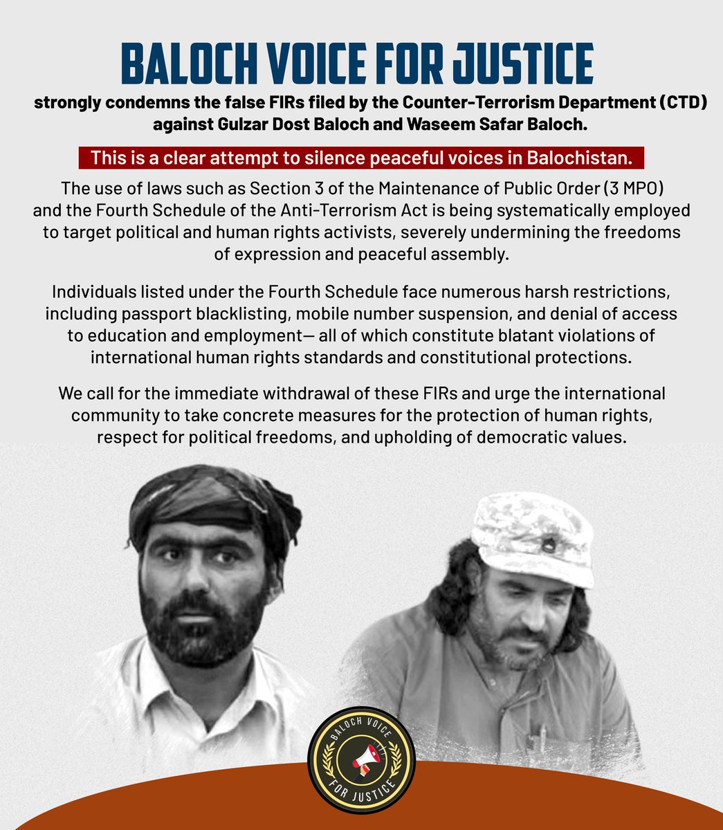 Baloch Voice For Justice (@balochv4justice) on Twitter photo Baloch Voice for Justice condemns false FIR by CTD against Gulzar Dost & Waseem Safar. Misuse of 3 MPO & 4th Schedule targets peaceful activists, violating rights & freedoms. We demand withdrawal & urge global action to uphold justice in Balochistan. #HumanRights
<a href="/deannelu/">deanne uyangoda</a> Baloch Voice for Justice condemns false FIR by CTD against Gulzar Dost & Waseem Safar. Misuse of 3 MPO & 4th Schedule targets peaceful activists, violating rights & freedoms. We demand withdrawal & urge global action to uphold justice in Balochistan. #HumanRights
<a href="/deannelu/">deanne uyangoda</a>