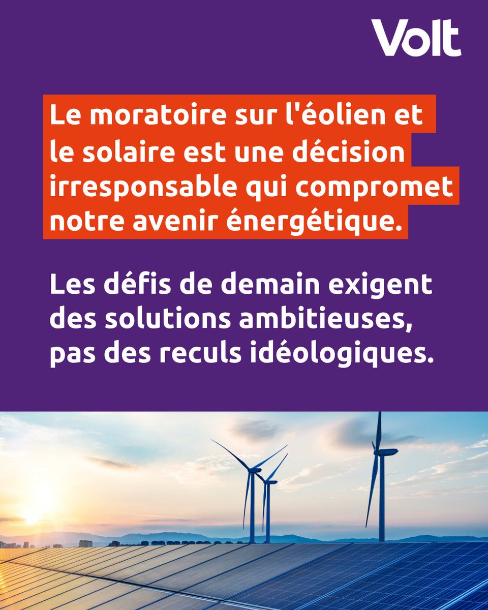 volt_france's tweet photo. Le moratoire sur l'éolien et le solaire est une décision irresponsable qui compromet notre avenir énergétique.‼️
Volt appelle les députés à ne pas voter cette loi! 🗣️
#VoltFrance #Energie https://t.co/Gy9kdzr84E