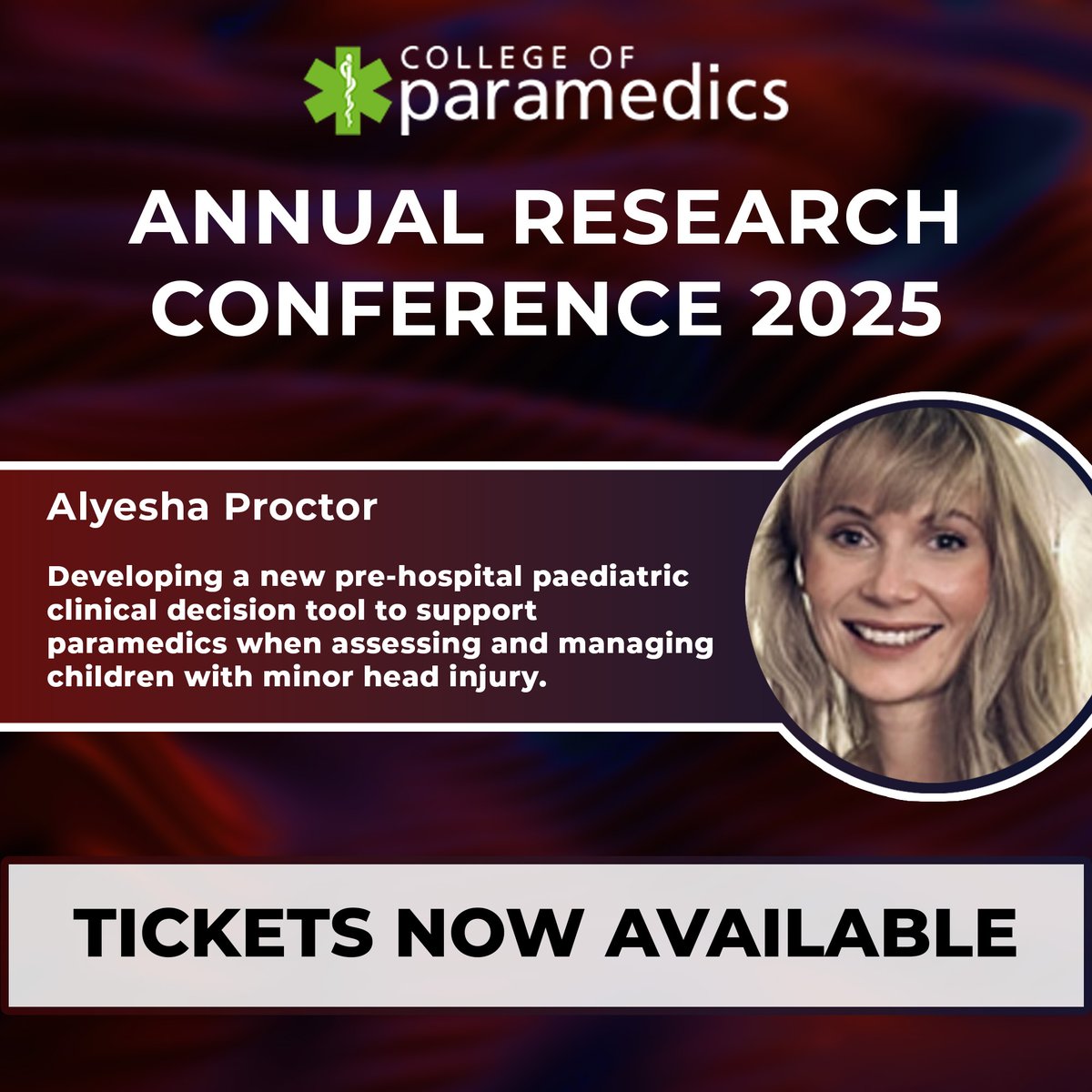 🗣️ Alyesha Proctor will be running a session titled 'developing a new pre-hospital paediatric clinical decision tool to support paramedics when assessing and managing children with minor head injury'. 

To secure your tickets, click here ➡️ bit.ly/4krVkAu