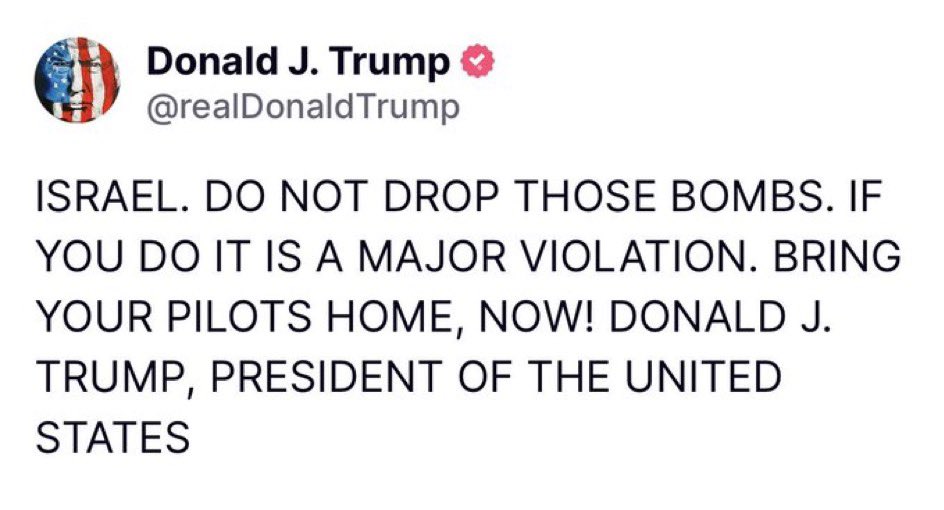 triffic_stuff_'s tweet photo. Trump is absolutely FUMING that Israel &amp; Iran have broke the ceasefire:

“We basically have two countries that have been fighting so long and so hard that they don't know what the f*ck they're doing.”

He also warned Israel directly on Truth Social: “DO NOT DROP THOSE BOMBS.” https://t.co/yHQeUybgUK