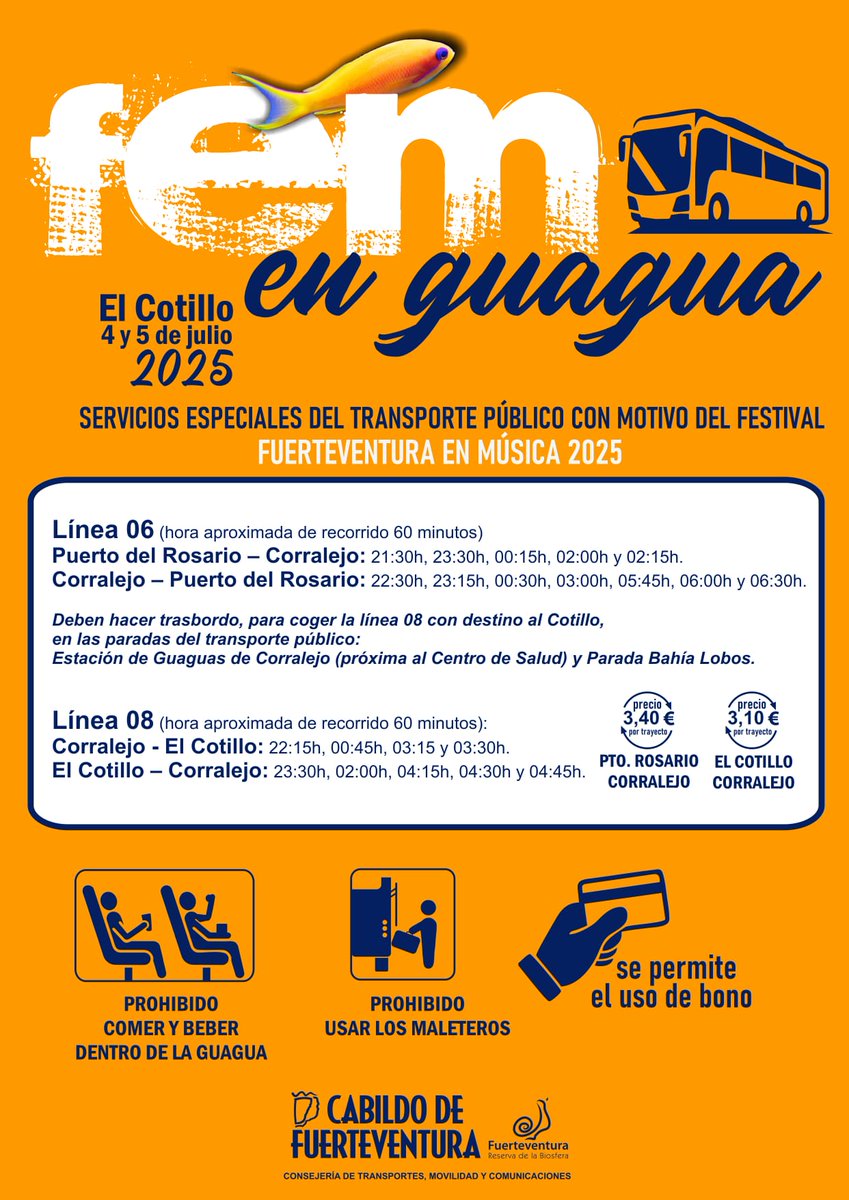 🚍 #FEM2025EnGuagua | Consulta aquí los horarios de ida y vuelta para no perderte ni un solo momento del #fuerteventuraenmusica.

🔗 cabildofuer.es/cabildo/el-cab…

#fem2025 #guaguasFEM #transportesostenible #festivalconconciencia  #fuerteventura