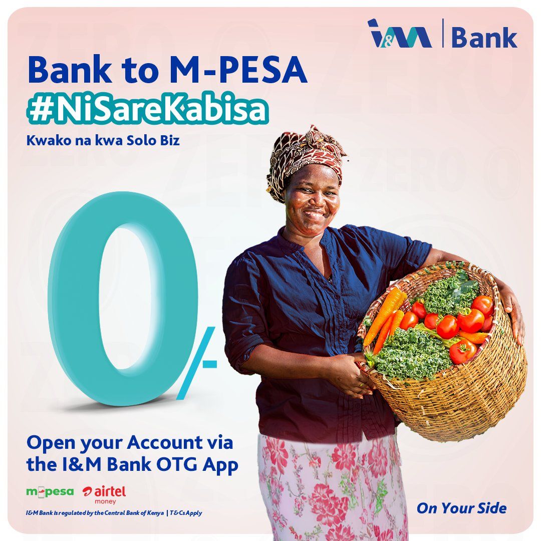Open an account today with I&amp;M Bank and enjoy banking that works for you. From free transfers to M-PESA to instant bill payments, everything you need is right in your pocket with the I&amp;M OTG App.
Open Account Today 
Ni Sare Kabisa 
#FreeTransactionsNaIM